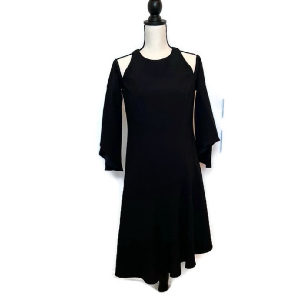 SCRIPTED M Cold Shoulder Bell Sleeve Little Black Dress Asymmetrical
